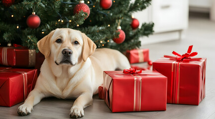 A cheerful Labrador rests beside a decorated Christmas tree and vibrant red gifts, creating a warm holiday atmosphere.