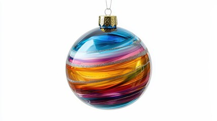 A close-up of a colorful glass ornament hanging from a Christmas tree, on a white isolated background