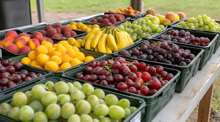 A vibrant display of fresh fruits, including bananas, grapes, and peaches, arranged in baskets on a rustic table in a sunny outdoor setting.