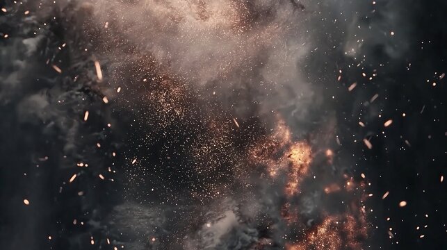 Fiery explosion, dark sky, sparks, smoke, destruction, dramatic background, ideal for action movie