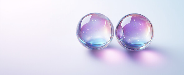 Translucent glass bubbles with soft pastel gradient and sparkling reflections create serene and dreamy atmosphere