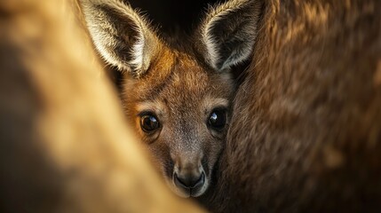 A baby kangaroo peeking out from its mother's pouch in the Australian outback. 