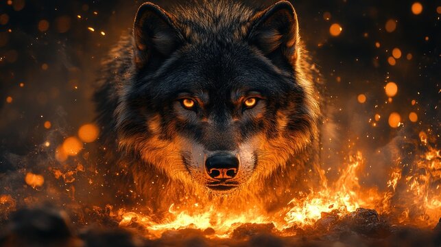 Fiery Wolf Portrait, Embers, Night, Fantasy, Game