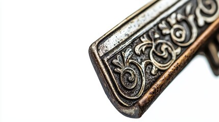A close-up of an antique typewriter key, showcasing its intricate design on a white isolated background