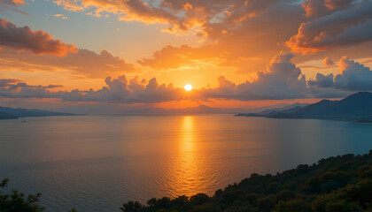 Obraz premium Breathtaking Sunset over a Serene Lake and Mountains