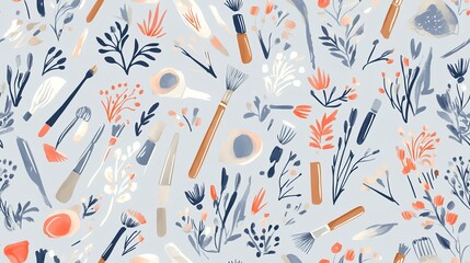 Fototapeta premium Floral Makeup Brushes Pattern. Perfect for website backgrounds, stationery, or fabric prints