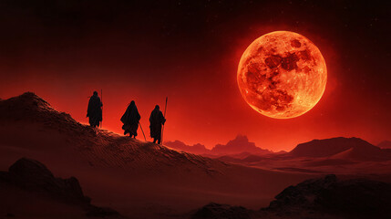 Naklejka premium Surreal scene of nomads in flowing traditional attire under red moon, evoking sense of mystery and adventure in desert landscape