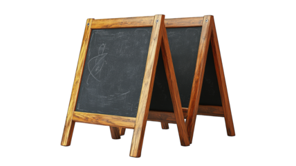 Two wooden A-frame chalkboards on sidewalk, blurred background, for menu display