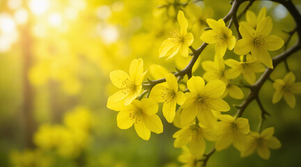 Yellow flowers blooming with sunlight against a blurred background