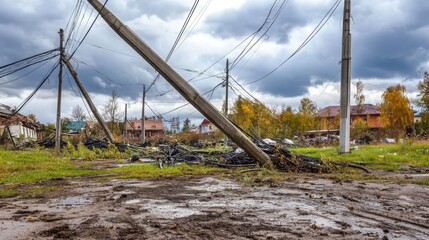 Fototapeta premium Storm damage to power lines disrupts electricity supply, highlighting the vulnerability of infrastructure during extreme weather conditions and the importance of resilience in modern society.