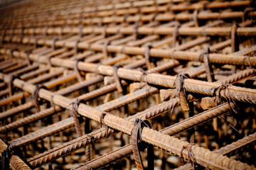 Metal framework of industrial reinforced concrete foundation. Reinforcement framework of cast-in-place structure