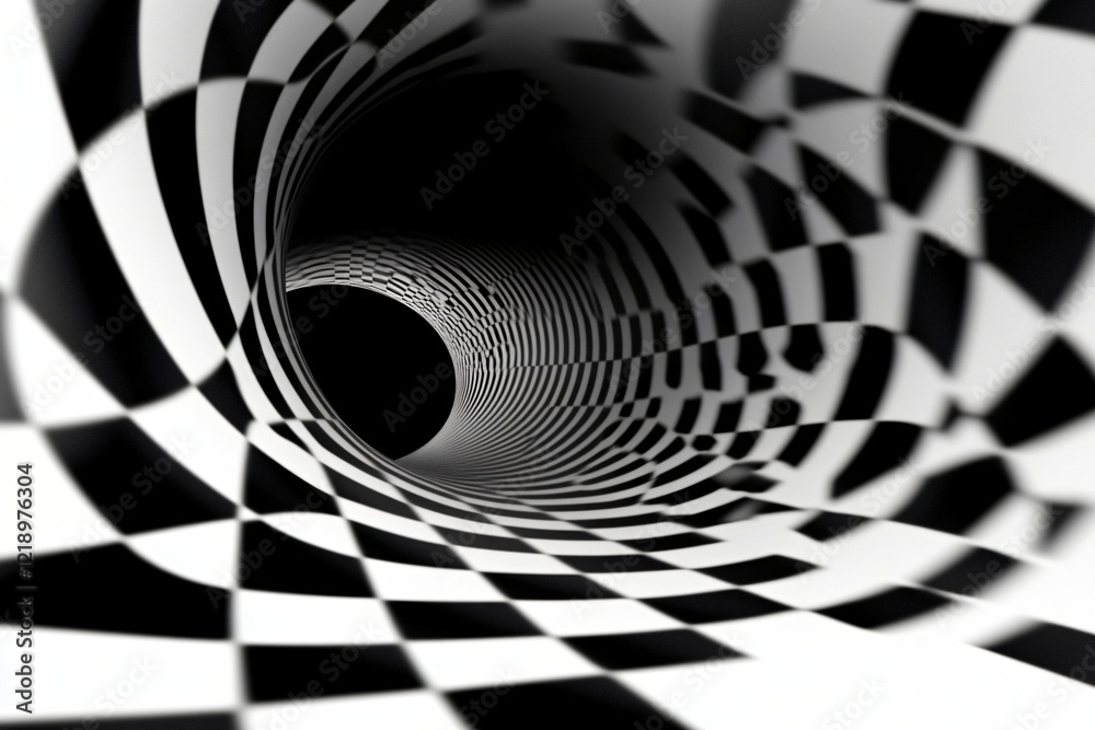 Sticker abstract black and white checkered tunnel psychedelic vortex optical illusion 3d render