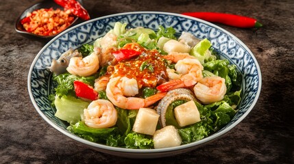 Delicious Shrimp and Seafood Salad with Spicy Dressing in Bowl