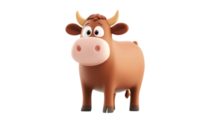 Cheerful 3D Cartoon Cow Animal Character in Pasture Field isolated on transparent or white background, png