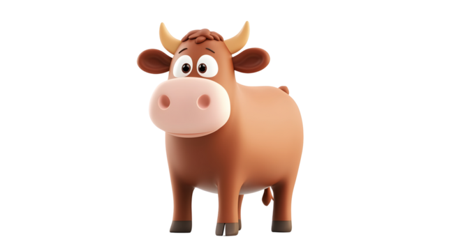 Cheerful 3D Cartoon Cow Animal Character in Pasture Field isolated on transparent or white background, png