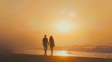 Fototapeta premium A man and woman hold hands, walking along a beach at sunset, their silhouettes outlined by the warm, golden glow of the sun setting over the horizon, with gentle ocean waves crashing behind them