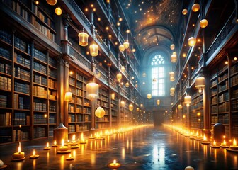 Fototapeta premium Magical Library: Long Exposure of Flying Books & Glowing Candles