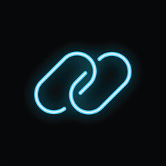 Bright neon blue hyperlink symbol glowing on a black background