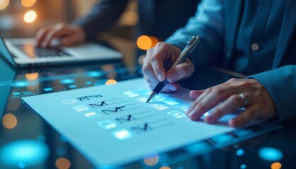 Fototapeta premium Person Completing Checklist Form on Digital Table Night Business Office