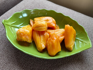 Peeled jackfruit, Stack of ripe jackfruit slices. Sweet jackfruit.