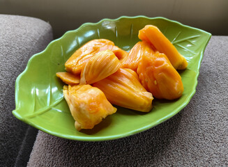 Peeled jackfruit, Stack of ripe jackfruit slices. Sweet jackfruit.