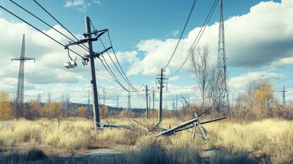 Fototapeta premium Storm damage to power lines disrupts electricity supply, highlighting the vulnerability of infrastructure during extreme weather conditions and the importance of resilience in modern society.