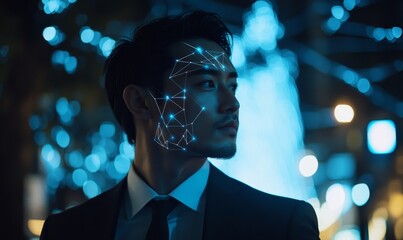 Businessman Leveraging AI and Digital Wireframe for Global Network Strategy in Smart City at Night, Generative AI