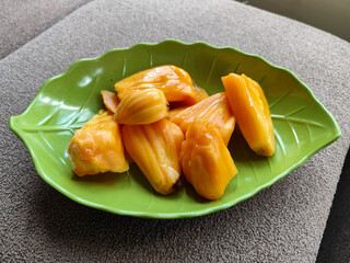 Peeled jackfruit, Stack of ripe jackfruit slices. Sweet jackfruit.