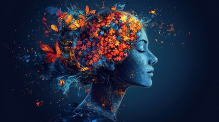 Vibrant digital art depicting woman with puzzle brain and colorful butterflies