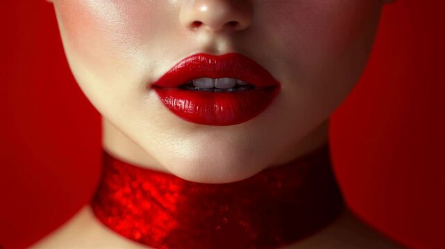 Stunning close-up of vibrant red lips with matching choker in a bold red backdrop showcasing beauty and elegance