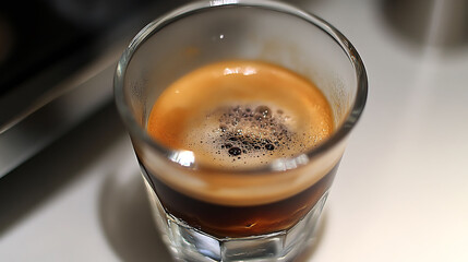 Closeup of a freshly brewed espresso shot in a small glass. Rich crema highlights the dark coffee. Perfect for menus, coffee shop websites, or beveragerelated content.