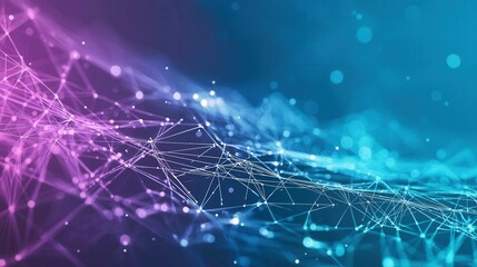 A minimalistic, futuristic backdrop features a soft gradient of violet and teal tones, with geometric shapes and glowing lines cutting through the air, creating a sense of space and movement