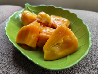 Peeled jackfruit, Stack of ripe jackfruit slices. Sweet jackfruit.