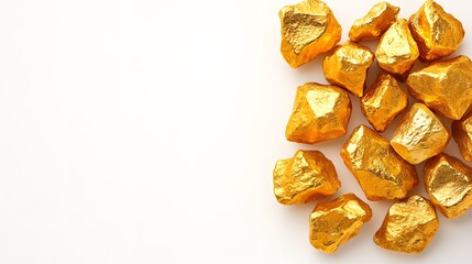 Golden nuggets displayed against pristine white background showcase metallic brilliance and natural rough texture, highlighting luxury and precious mineral qualities in minimalist studio setting.