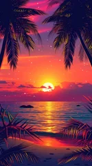 Fleecedeken met foto Tropical sunset beach tree. © LordNyanko