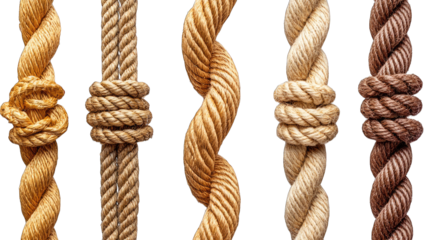 Various knotted, twisted rope strands on black background, for design use