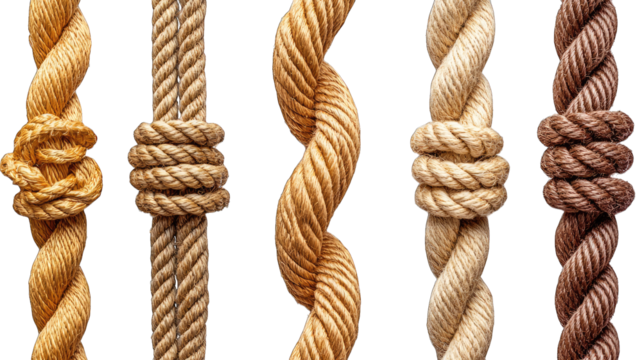 Various knotted, twisted rope strands on black background, for design use