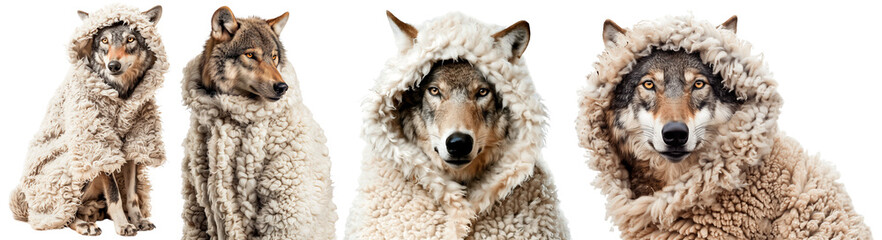 A unique and creative portrait of a wolf wrapped in a cozy, fluffy sheep wool cloak. The image captures the fascinating contrast of a wild creature in a soft, protective garment, blending nature.