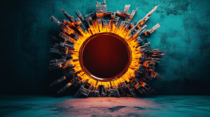 Surreal circular mirror with city skyline design, glowing orange center, and textured blue background creates striking visual effect
