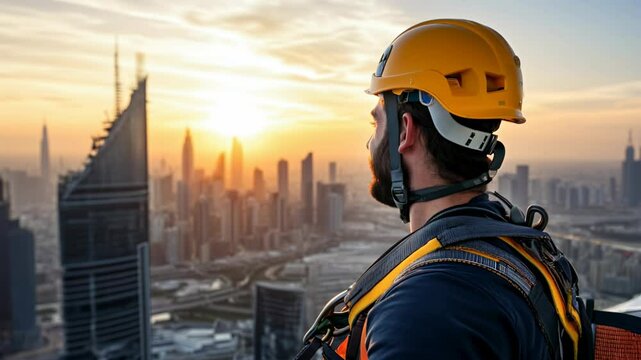 A smiling male high-rise fitter in a safety harness and helmet posing confidently on a skyscraper at sunset, showcasing themes of construction, professionalism, and urban development.