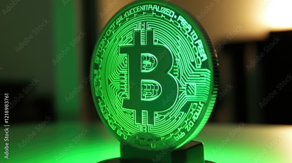 Poster a close-up of a spinning bitcoin token with glowing binary code in the background.