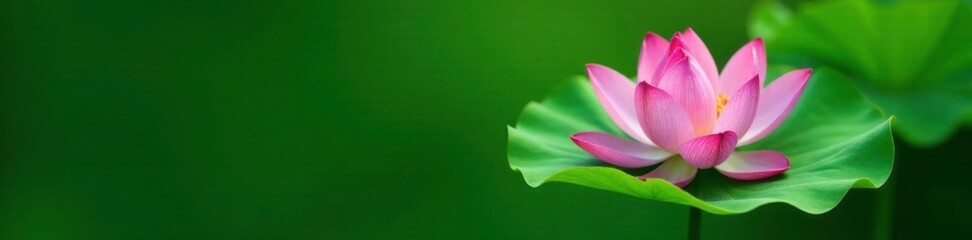Fototapeta premium Green lotus leaf with a single lotus flower on top, plant detail, green background, bloom