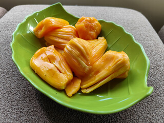 Peeled jackfruit, Stack of ripe jackfruit slices. Sweet jackfruit.