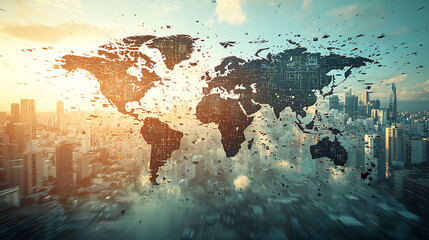 Stunning digital art depicting a world map overlaid on a cityscape at sunrise.  Data streams radiate outwards, symbolizing global connectivity and technological advancement.