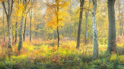 Fototapeta premium Golden Autumn Forest Sunlight Birch Trees Landscape