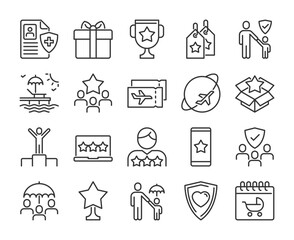 Reward icons. Benefits and rewards for employees line icon set. Editable Stroke.