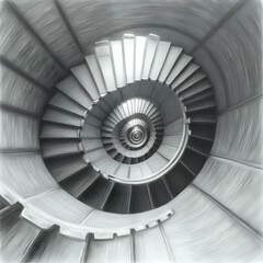Fototapeta premium The image is a black and white photo of a spiral staircase with a repeating pattern of steps leading up to a central point.