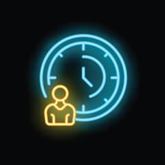 Neon sign illustration of a businessman standing in front of a clock, symbolizing time management