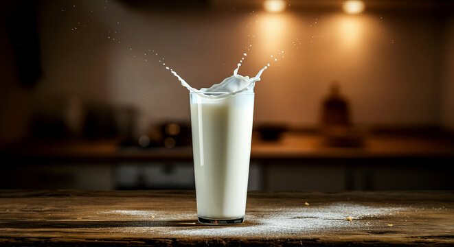 milk in a glass with splash on a wooden table in a cozy kitchen setting