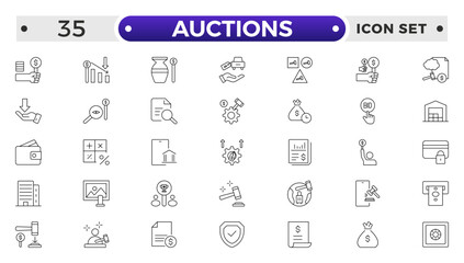 Auction outline icon hammer sell document judge illustration price deal. Bid auction vector tender justice sale commercial concept.